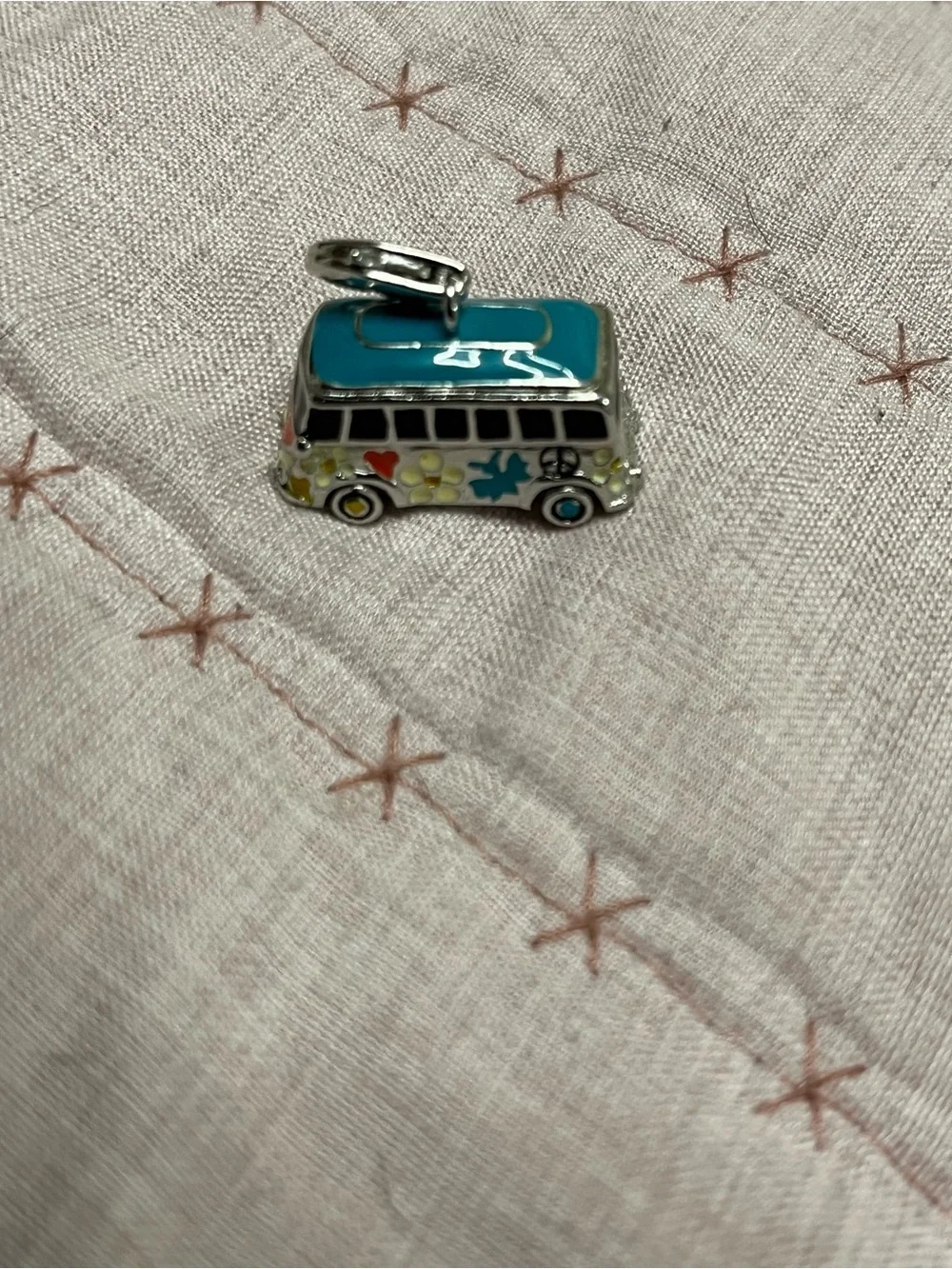 Decorative Silver Tone Van Charm with Multicolor Floral Accents 925